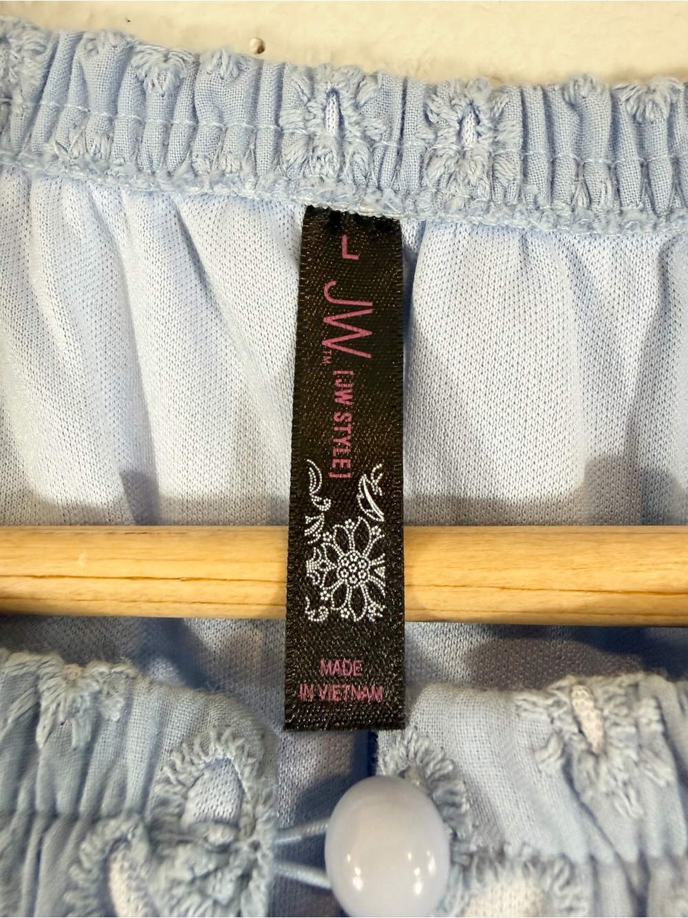 JW Style Blue Eyelet Lace Cotton Top Size L Long Sleeve Casual Relaxed Cottage - Picture 5 of 7